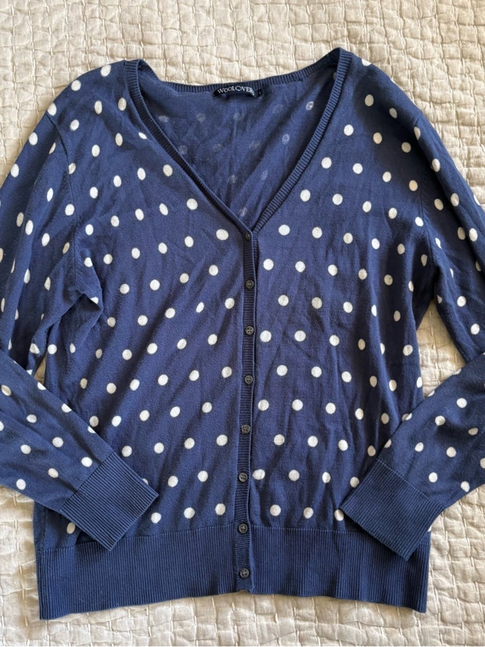 Woolovers Women’s Silk & Cotton Blend Blue Polka Dot Cardigan Large READ